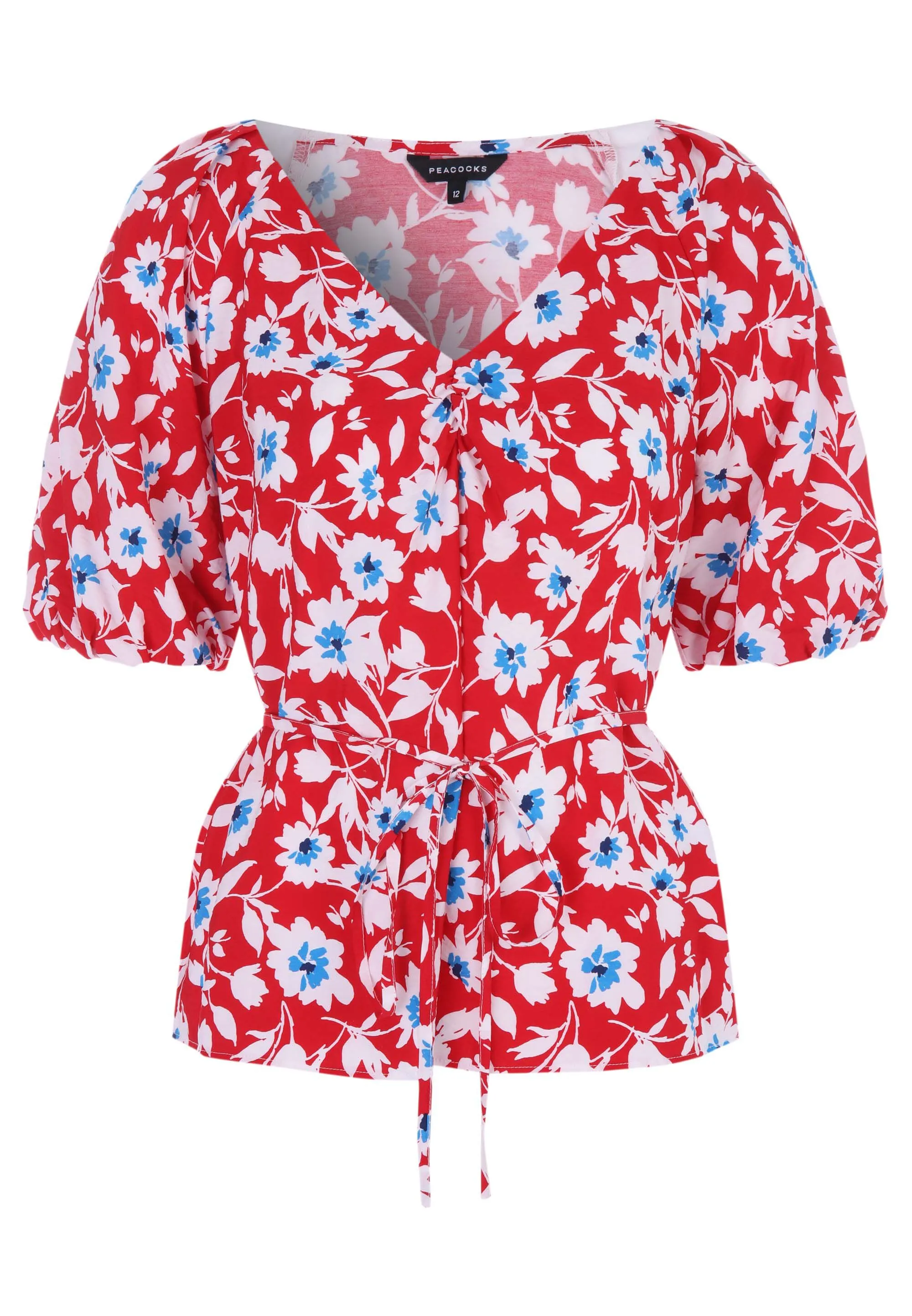 Womens Red Floral Tie Detail Blouse