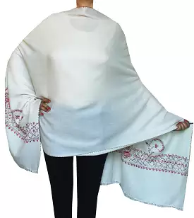 Woolen Hand Embroidered Scarf Shawl Womens Gift (76 x 28 inches, Off-White)