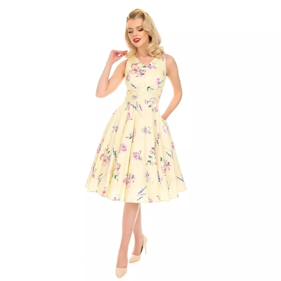 Yellow Floral 50s Inspired Sleeveless Summer Swing Dress with Pockets