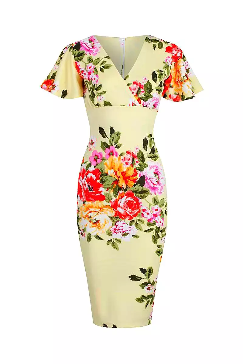 Yellow Floral Half Sleeve Deep V Neck Crossover Top Wiggle Dress