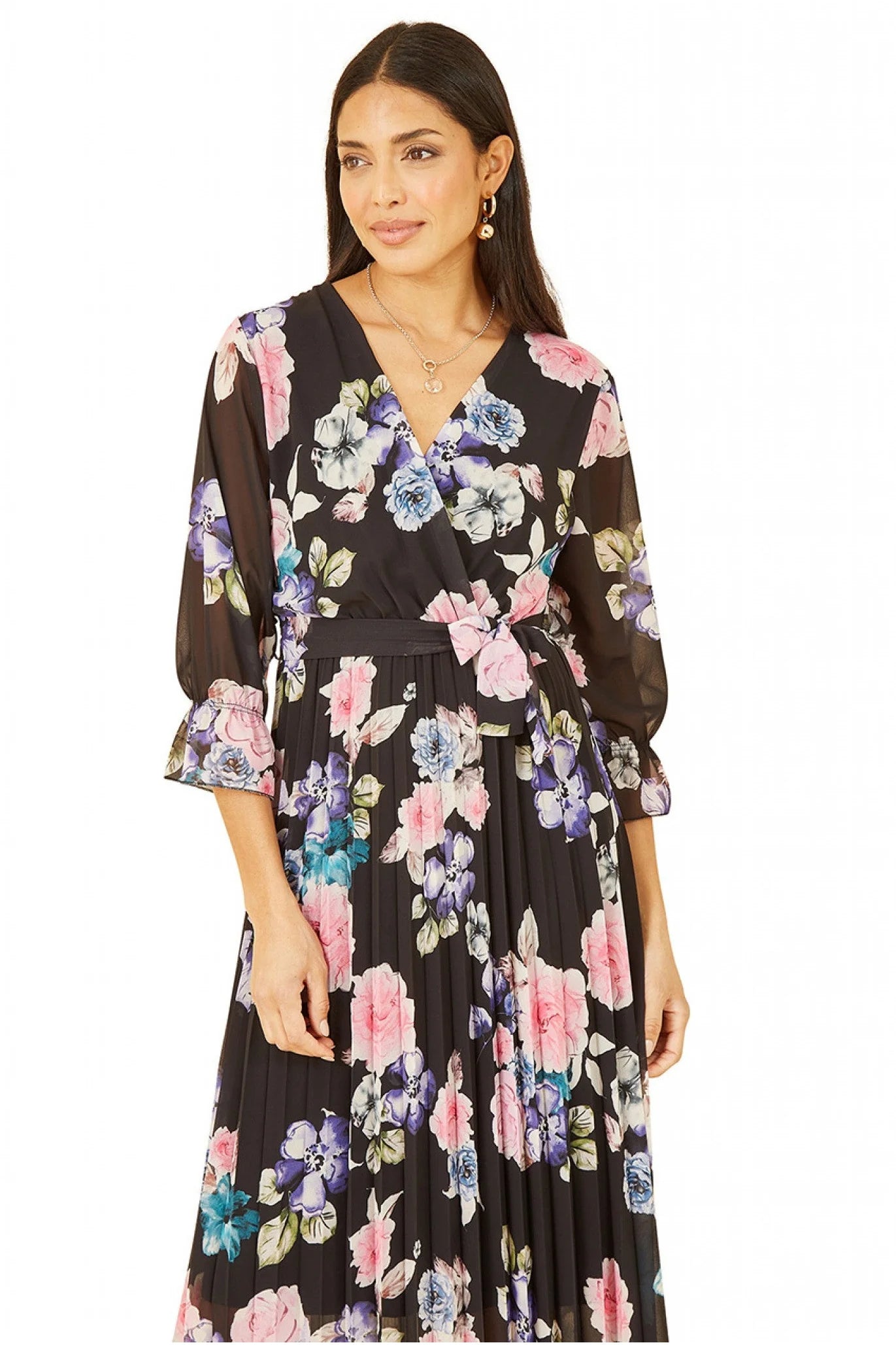 Yumi Black Floral Pleated Wrap Midi Dress