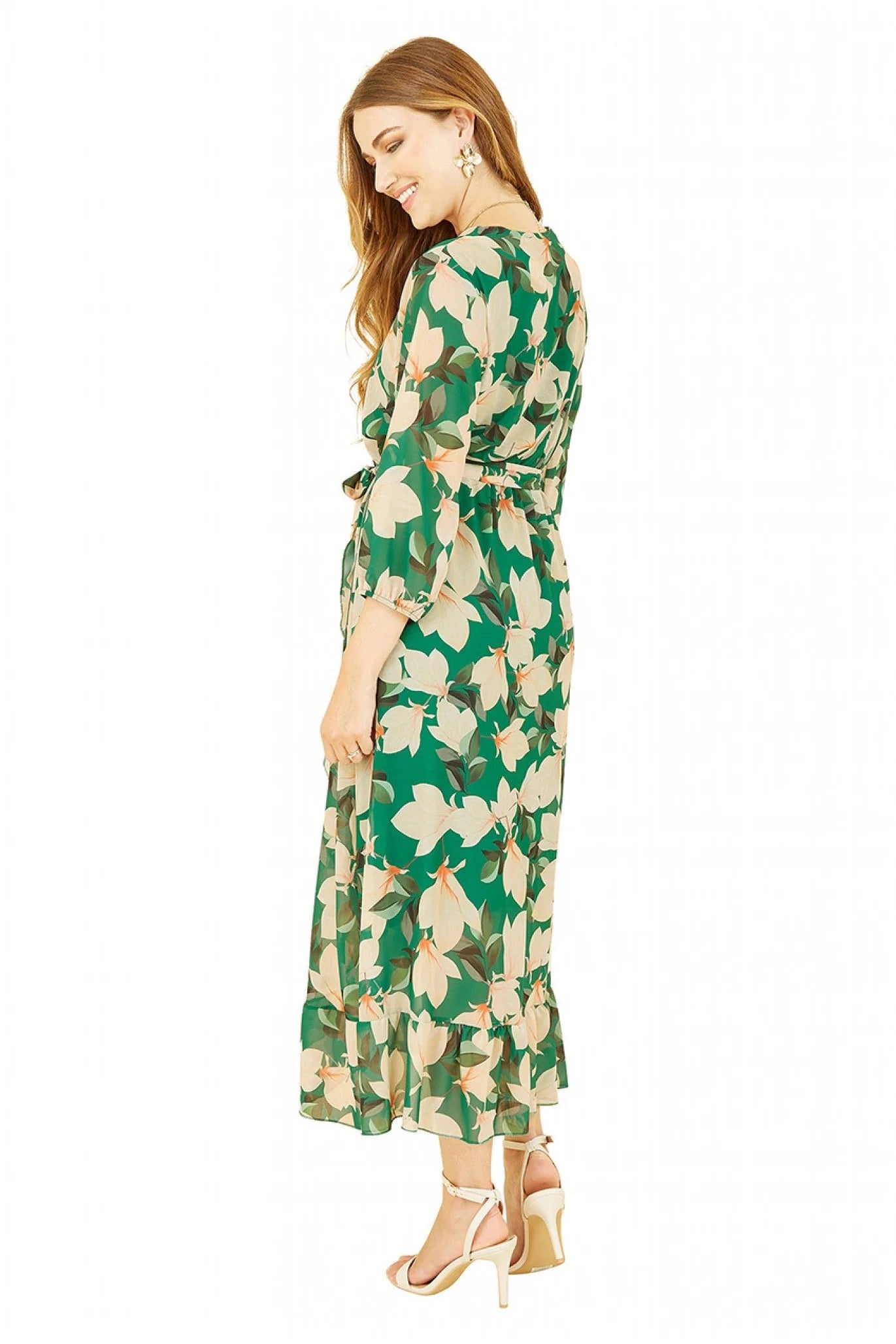 Yumi Green Blossom Wrap Midi Dress With 3/4 Sleeves