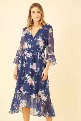 Yumi Navy Floral Wrap Dress With Dipped Hem