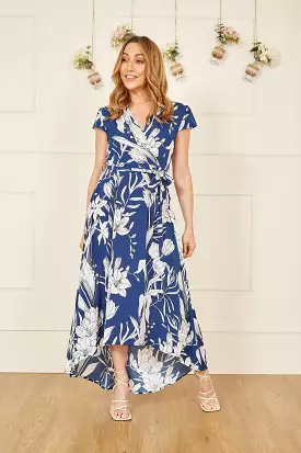 Yumi Navy Leaf Print Dipped Hem Wrap Dress