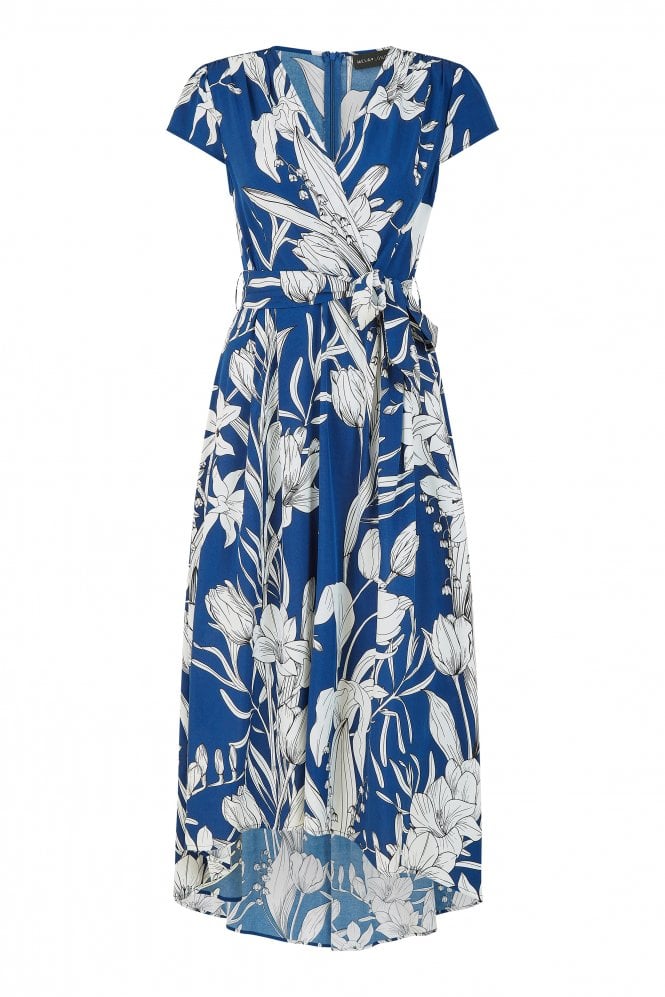 Yumi Navy Leaf Print Dipped Hem Wrap Dress